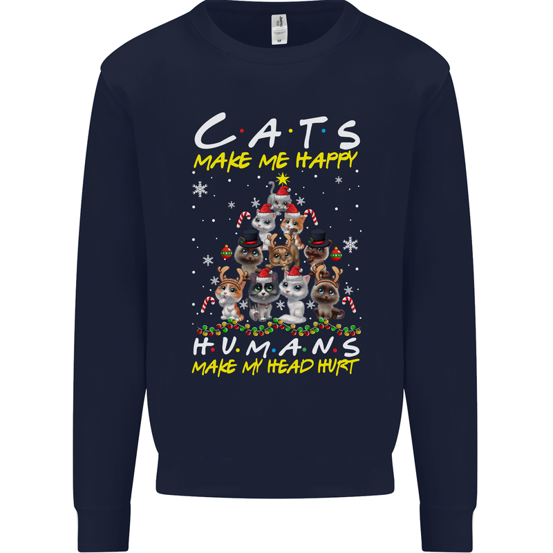 Cats Make Me Happy Funny Christmas Mens Sweatshirt Jumper Navy Blue