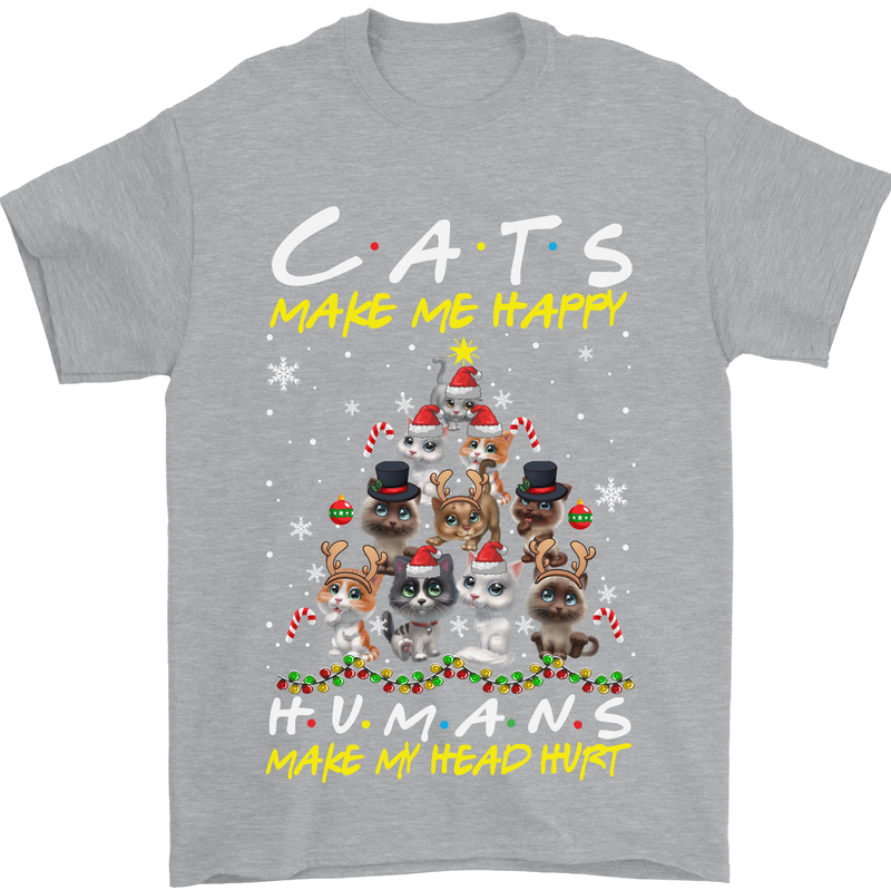 Cats Make Me Happy Funny Christmas Mens T-Shirt Cotton Gildan Sports Grey