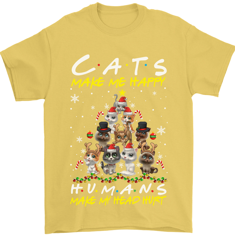 Cats Make Me Happy Funny Christmas Mens T-Shirt Cotton Gildan Yellow