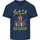 Cats Make Me Happy Funny Christmas Mens V-Neck Cotton T-Shirt Navy Blue