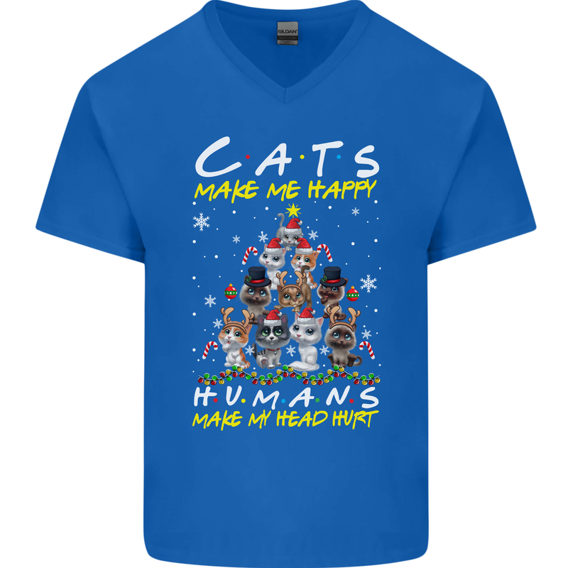 Cats Make Me Happy Funny Christmas Mens V-Neck Cotton T-Shirt Royal Blue
