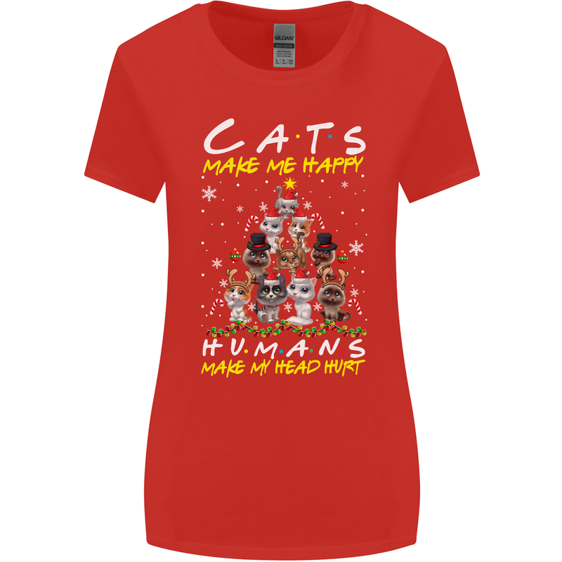 Cats Make Me Happy Funny Christmas Womens Wider Cut T-Shirt Red