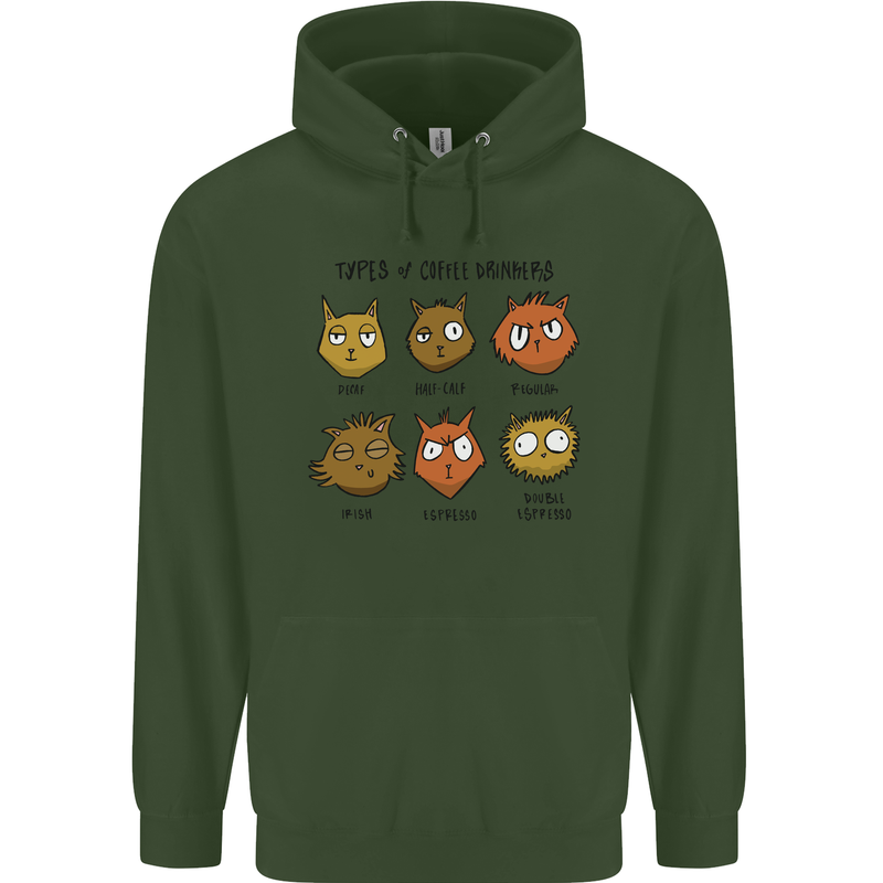 Cats Types of Coffee Drinkers Childrens Kids Hoodie Forest Green