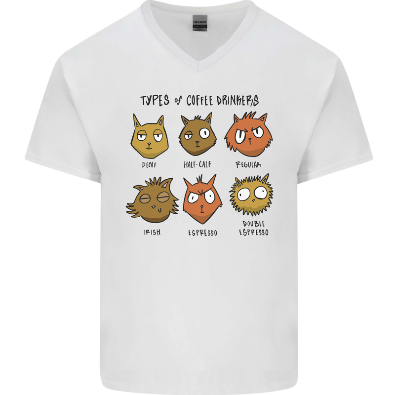 Cats Types of Coffee Drinkers Mens V-Neck Cotton T-Shirt White