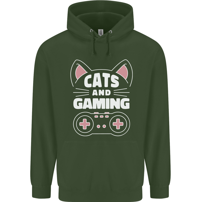 Cats and Gaming Funny Gamer Childrens Kids Hoodie Forest Green