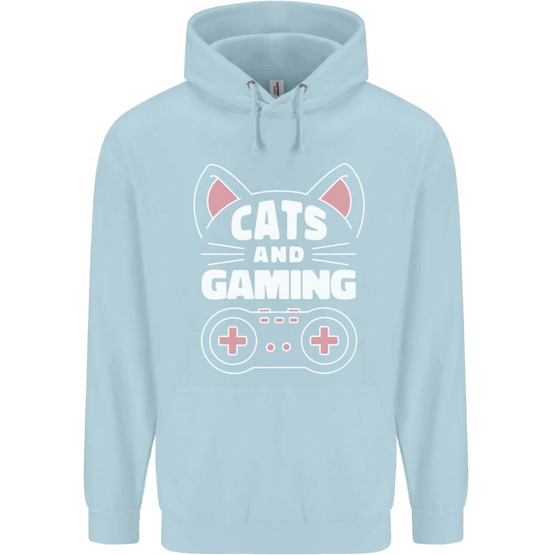 Cats and Gaming Funny Gamer Childrens Kids Hoodie Light Blue