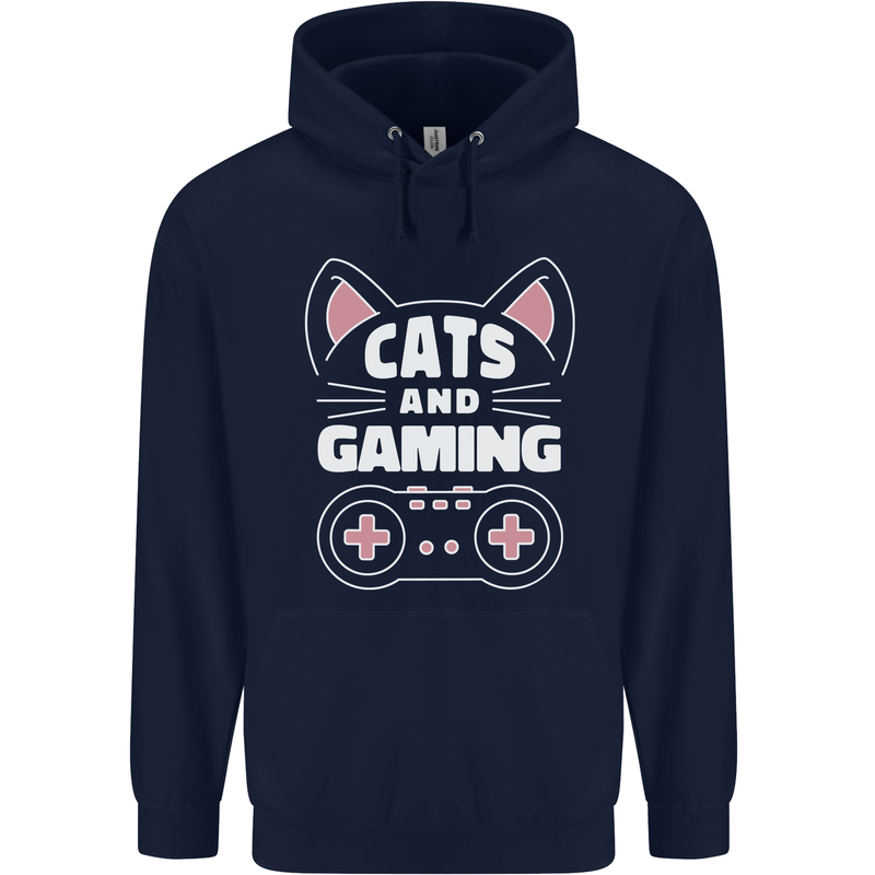 Cats and Gaming Funny Gamer Childrens Kids Hoodie Navy Blue