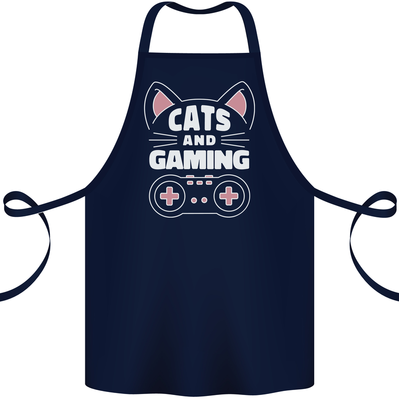 Cats and Gaming Funny Gamer Cotton Apron 100% Organic Navy Blue