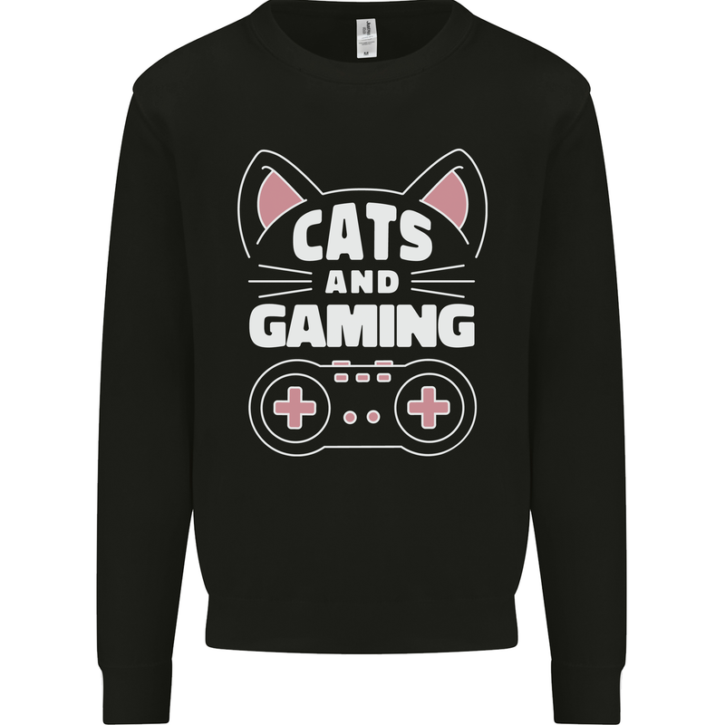 Cats and Gaming Funny Gamer Kids Sweatshirt Jumper Black