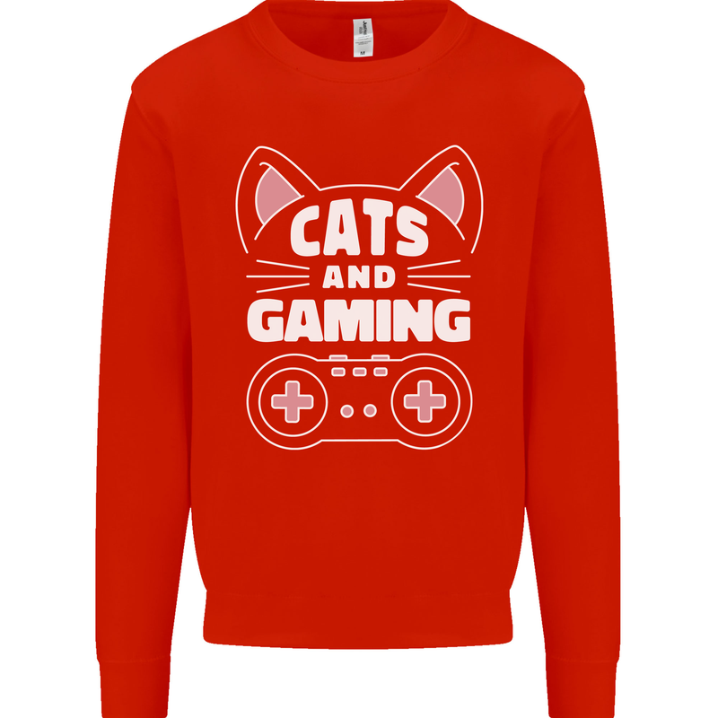 Cats and Gaming Funny Gamer Kids Sweatshirt Jumper Bright Red