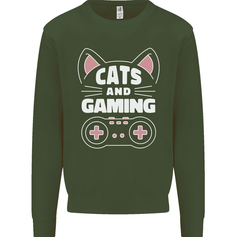Cats and Gaming Funny Gamer Kids Sweatshirt Jumper Forest Green