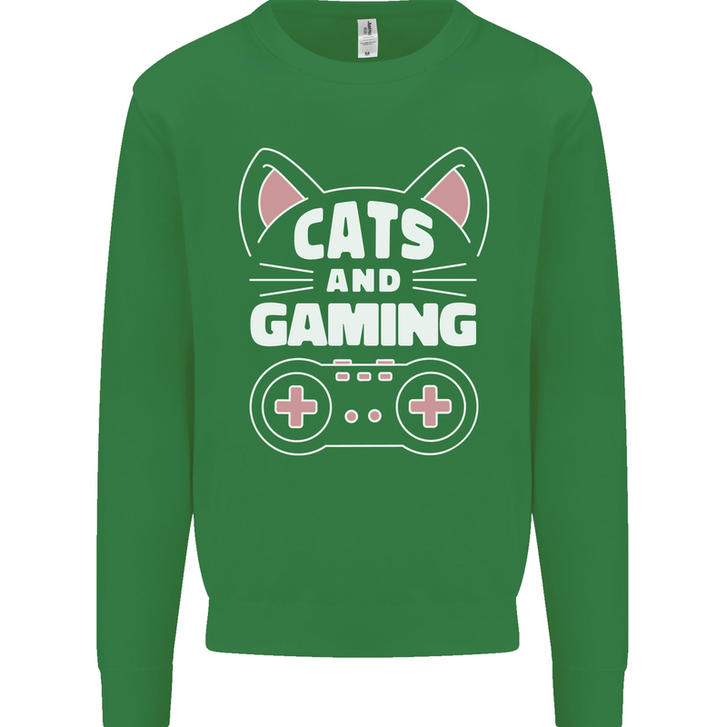 Cats and Gaming Funny Gamer Kids Sweatshirt Jumper Irish Green