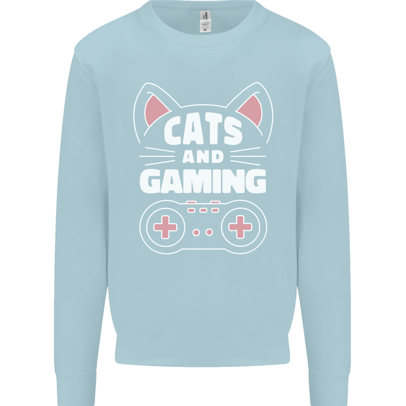 Cats and Gaming Funny Gamer Kids Sweatshirt Jumper Light Blue