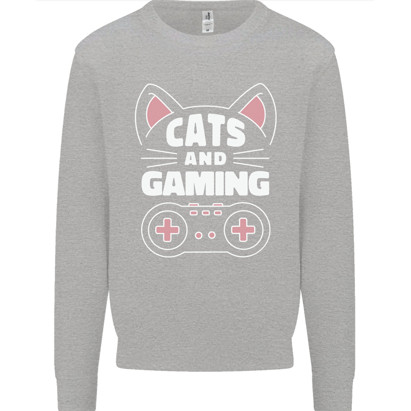 Cats and Gaming Funny Gamer Kids Sweatshirt Jumper Sports Grey