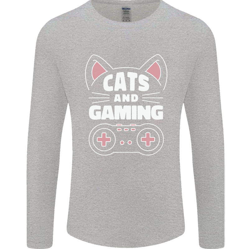 Cats and Gaming Funny Gamer Mens Long Sleeve T-Shirt Sports Grey