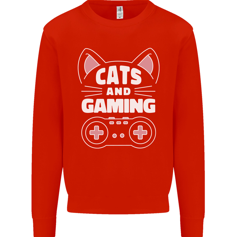 Cats and Gaming Funny Gamer Mens Sweatshirt Jumper Bright Red