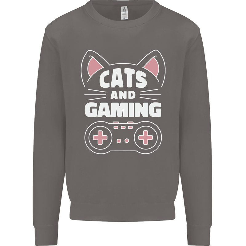 Cats and Gaming Funny Gamer Mens Sweatshirt Jumper Charcoal