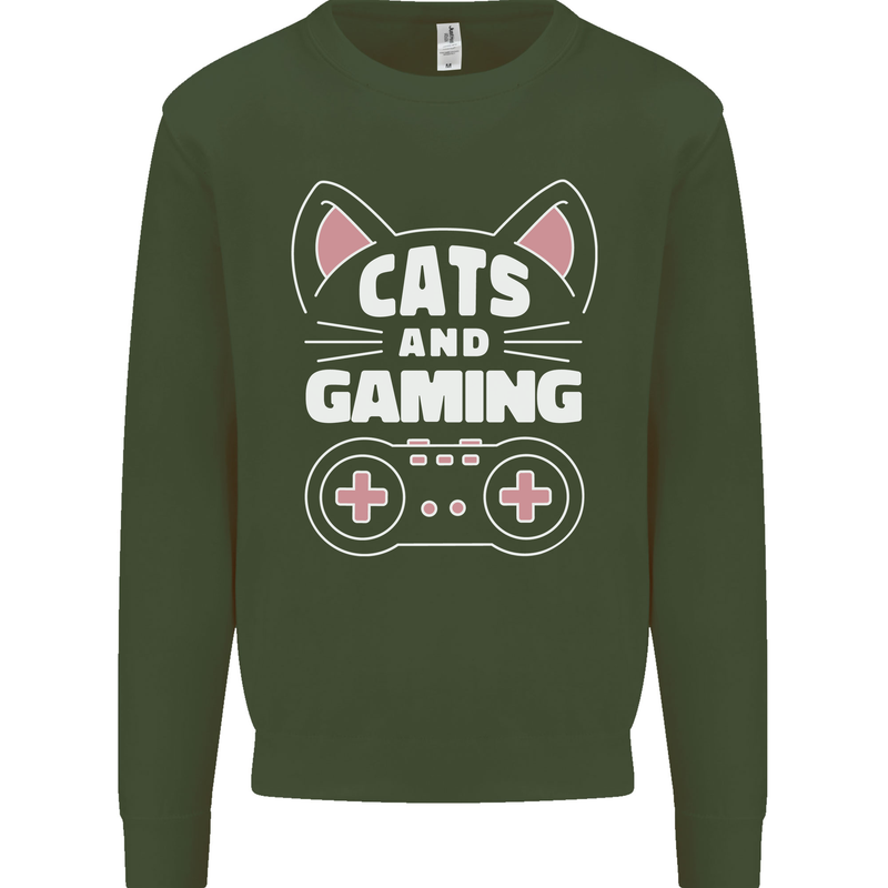 Cats and Gaming Funny Gamer Mens Sweatshirt Jumper Forest Green