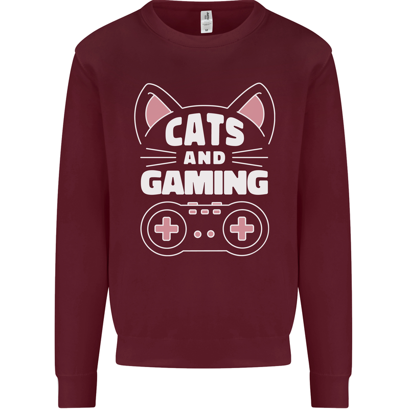 Cats and Gaming Funny Gamer Mens Sweatshirt Jumper Maroon