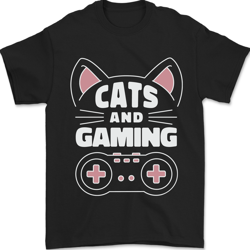 Cats and Gaming Funny Gamer Mens T-Shirt 100% Cotton Black