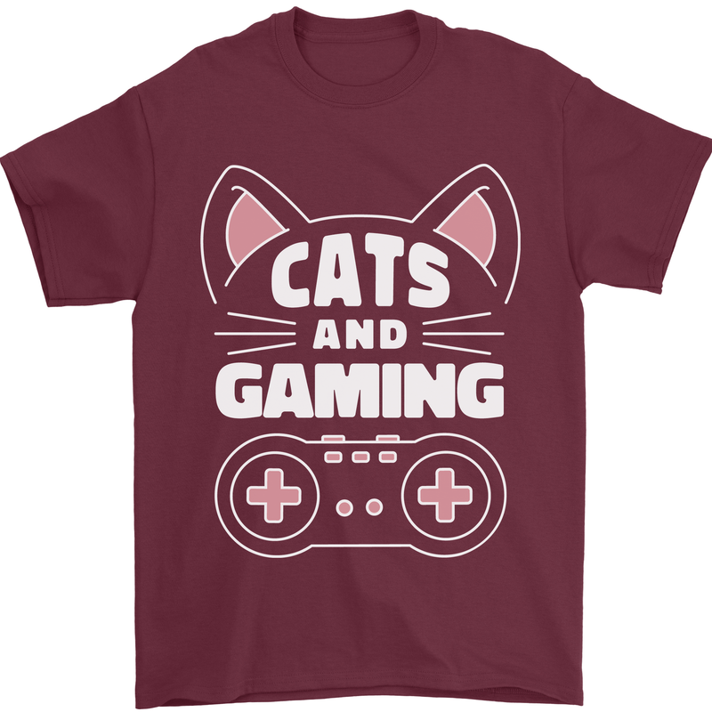 Cats and Gaming Funny Gamer Mens T-Shirt 100% Cotton Maroon