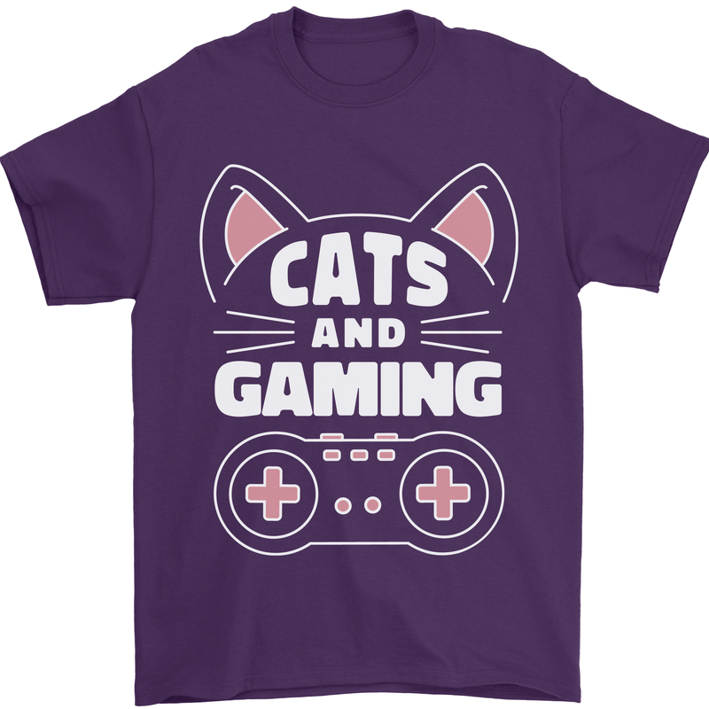 Cats and Gaming Funny Gamer Mens T-Shirt 100% Cotton Purple
