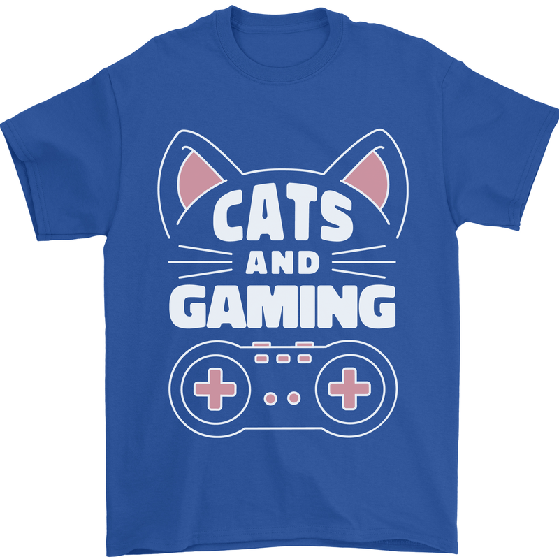 Cats and Gaming Funny Gamer Mens T-Shirt 100% Cotton Royal Blue
