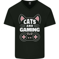 Cats and Gaming Funny Gamer Mens V-Neck Cotton T-Shirt Black