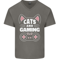 Cats and Gaming Funny Gamer Mens V-Neck Cotton T-Shirt Charcoal