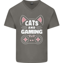 Cats and Gaming Funny Gamer Mens V-Neck Cotton T-Shirt Charcoal