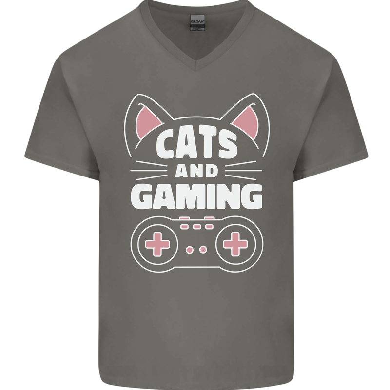 Cats and Gaming Funny Gamer Mens V-Neck Cotton T-Shirt Charcoal