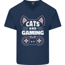 Cats and Gaming Funny Gamer Mens V-Neck Cotton T-Shirt Navy Blue