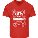 Cats and Gaming Funny Gamer Mens V-Neck Cotton T-Shirt Red