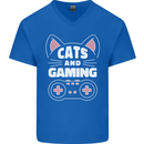 Cats and Gaming Funny Gamer Mens V-Neck Cotton T-Shirt Royal Blue
