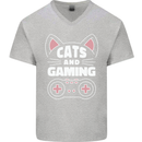 Cats and Gaming Funny Gamer Mens V-Neck Cotton T-Shirt Sports Grey