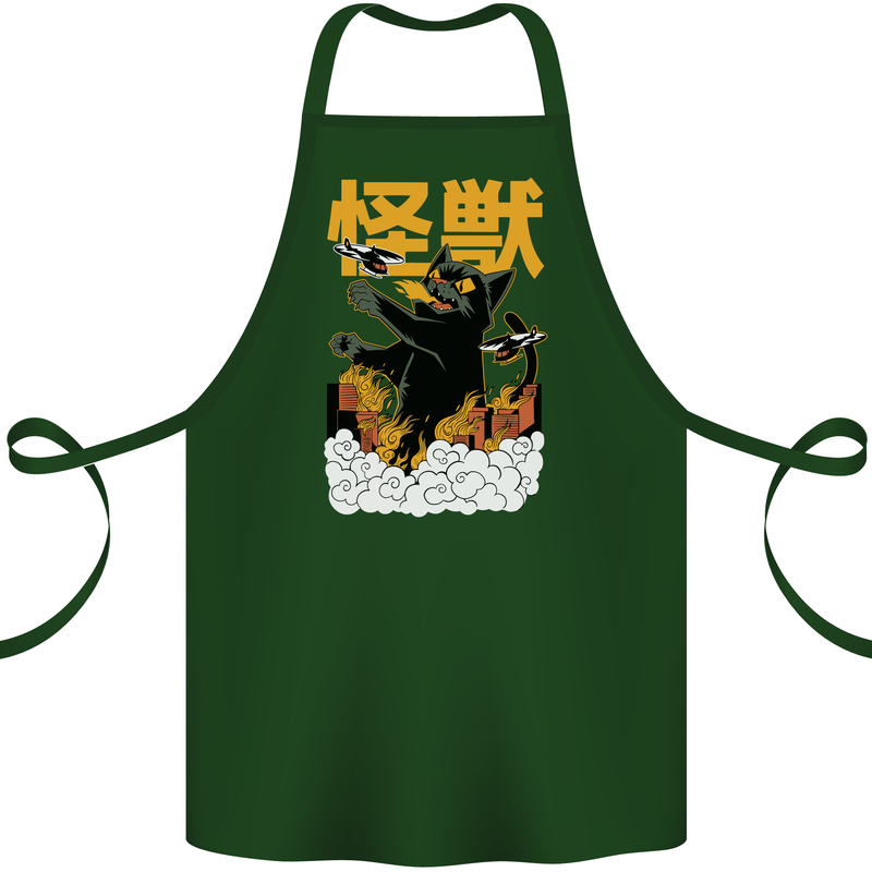 Catzilla Funny Cat Monster Parody Cotton Apron 100% Organic Forest Green
