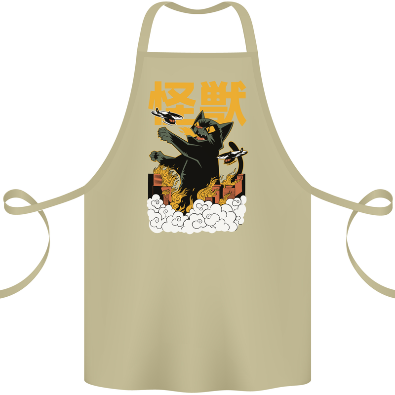 Catzilla Funny Cat Monster Parody Cotton Apron 100% Organic Khaki