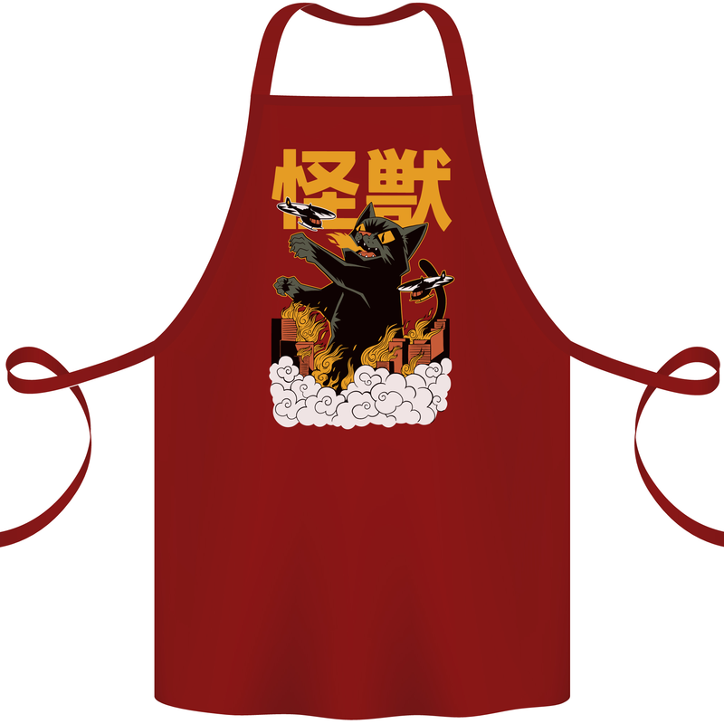Catzilla Funny Cat Monster Parody Cotton Apron 100% Organic Maroon