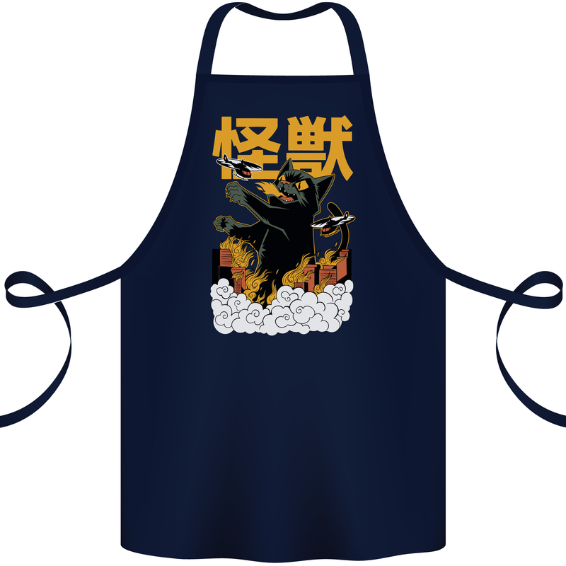 Catzilla Funny Cat Monster Parody Cotton Apron 100% Organic Navy Blue