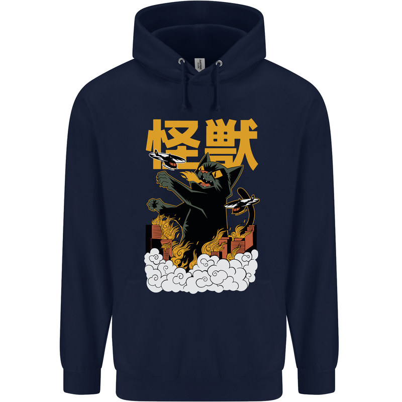 Catzilla Funny Cat Monster Parody Mens 80% Cotton Hoodie Navy Blue