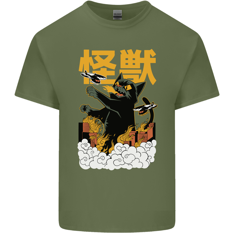 Catzilla Funny Cat Monster Parody Mens Cotton T-Shirt Tee Top Military Green