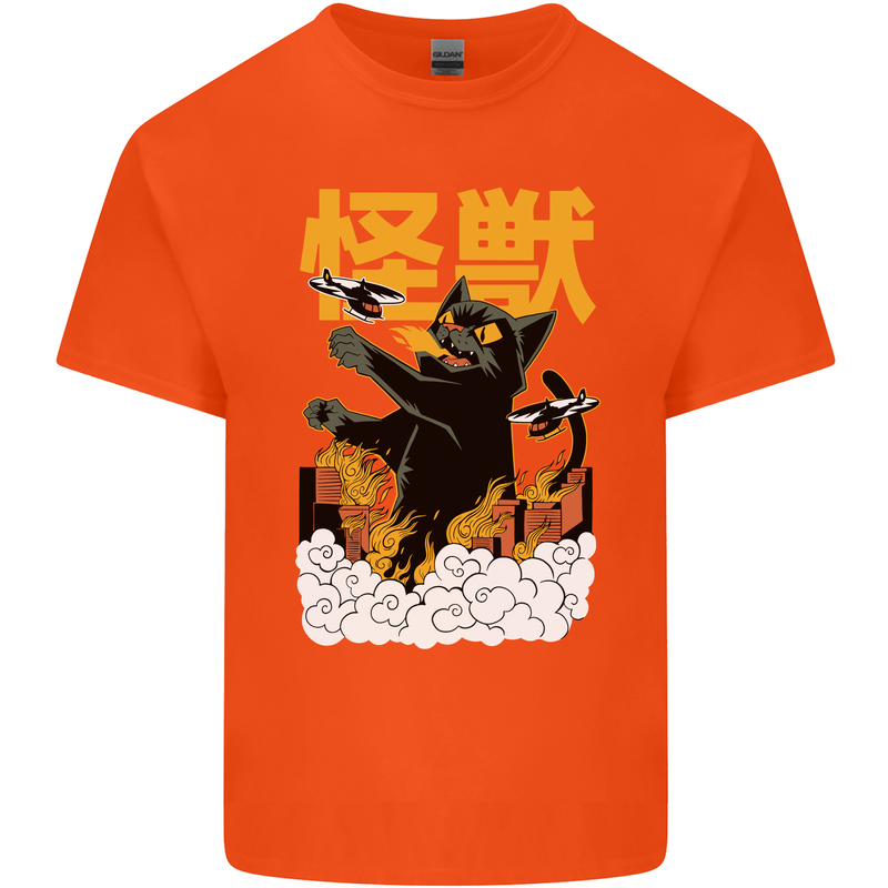 Catzilla Funny Cat Monster Parody Mens Cotton T-Shirt Tee Top Orange