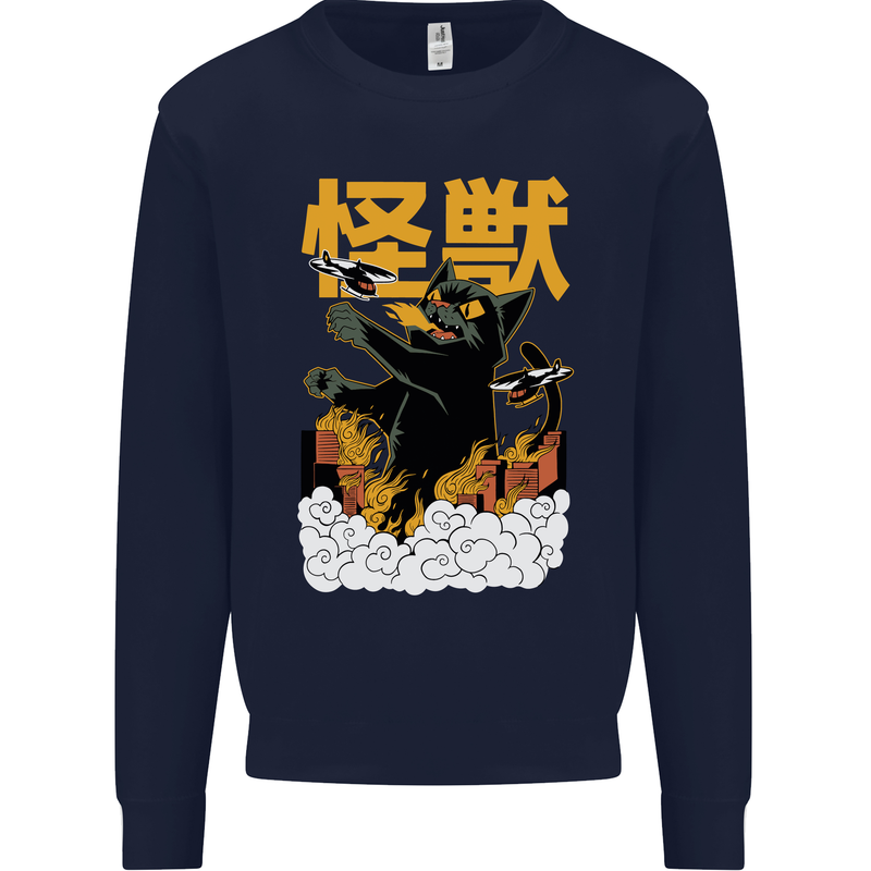 Catzilla Funny Cat Monster Parody Mens Sweatshirt Jumper Navy Blue