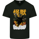 Catzilla Funny Cat Monster Parody Mens V-Neck Cotton T-Shirt Black