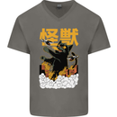 Catzilla Funny Cat Monster Parody Mens V-Neck Cotton T-Shirt Charcoal