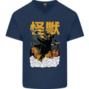Catzilla Funny Cat Monster Parody Mens V-Neck Cotton T-Shirt Navy Blue
