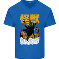 Catzilla Funny Cat Monster Parody Mens V-Neck Cotton T-Shirt Royal Blue