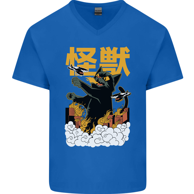 Catzilla Funny Cat Monster Parody Mens V-Neck Cotton T-Shirt Royal Blue