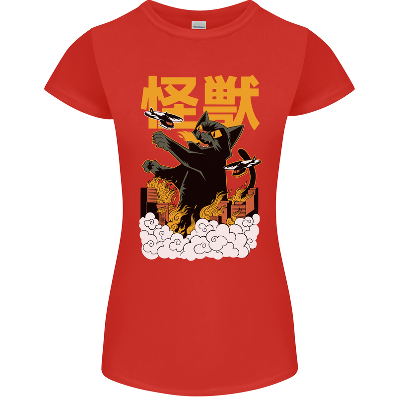 Catzilla Funny Cat Monster Parody Womens Petite Cut T-Shirt Red