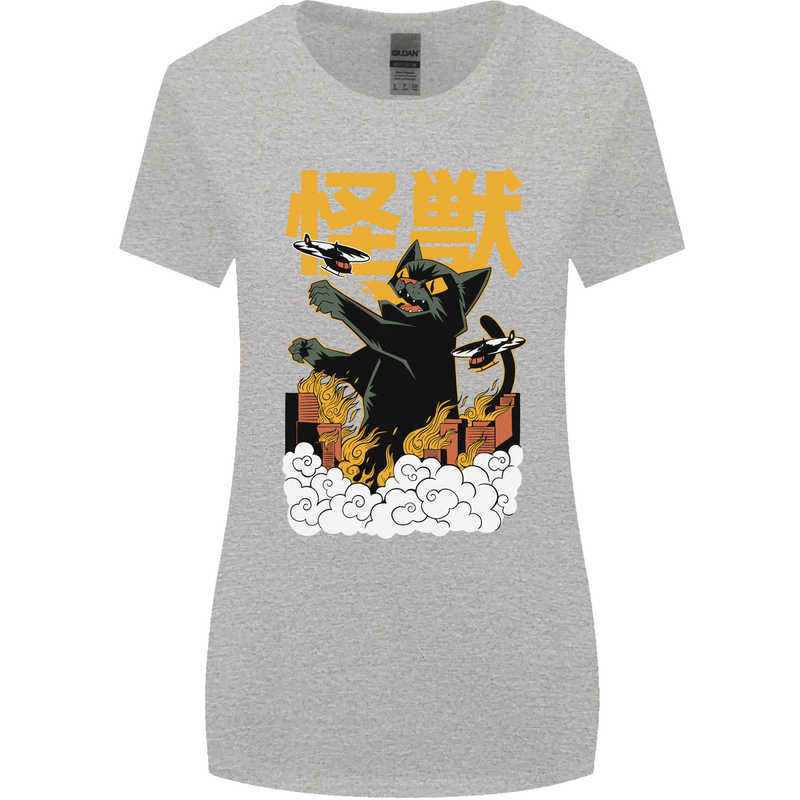 Catzilla Funny Cat Monster Parody Womens Wider Cut T-Shirt Sports Grey